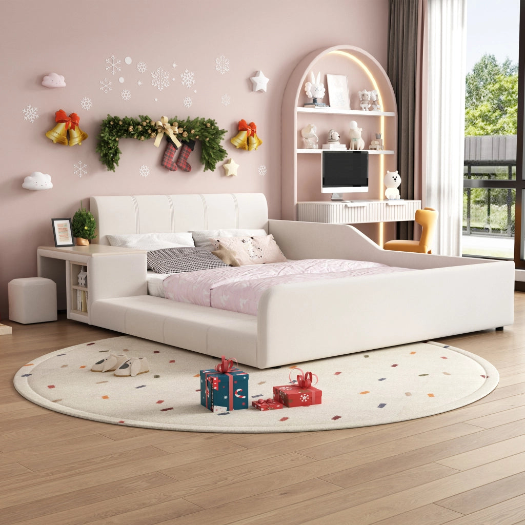 Letto Combinato 140 x 200 cm - Scrivania; Sgabello e Mensola - in Velluto - Bianco