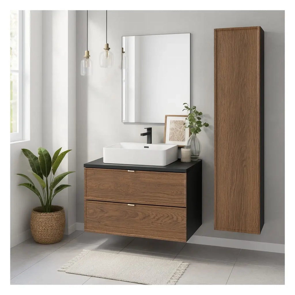 Set SAVIA : mobile sottolavabo 80cm + lavabo bianco da appoggio + colonna di stoccaggio