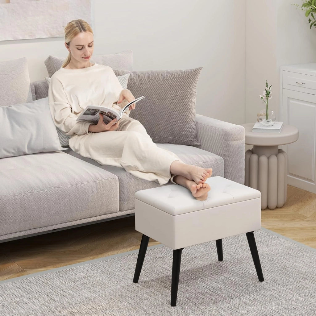 Sgabello Contenitore, Pouf Sgabello Ottoman, Poggiapiedi Moderno da Trucco, con Gambe in Legno Massello & Seduta Imbottita, Portata 150 kg, 49,5 x 35 x 46,5 cm (Beige)