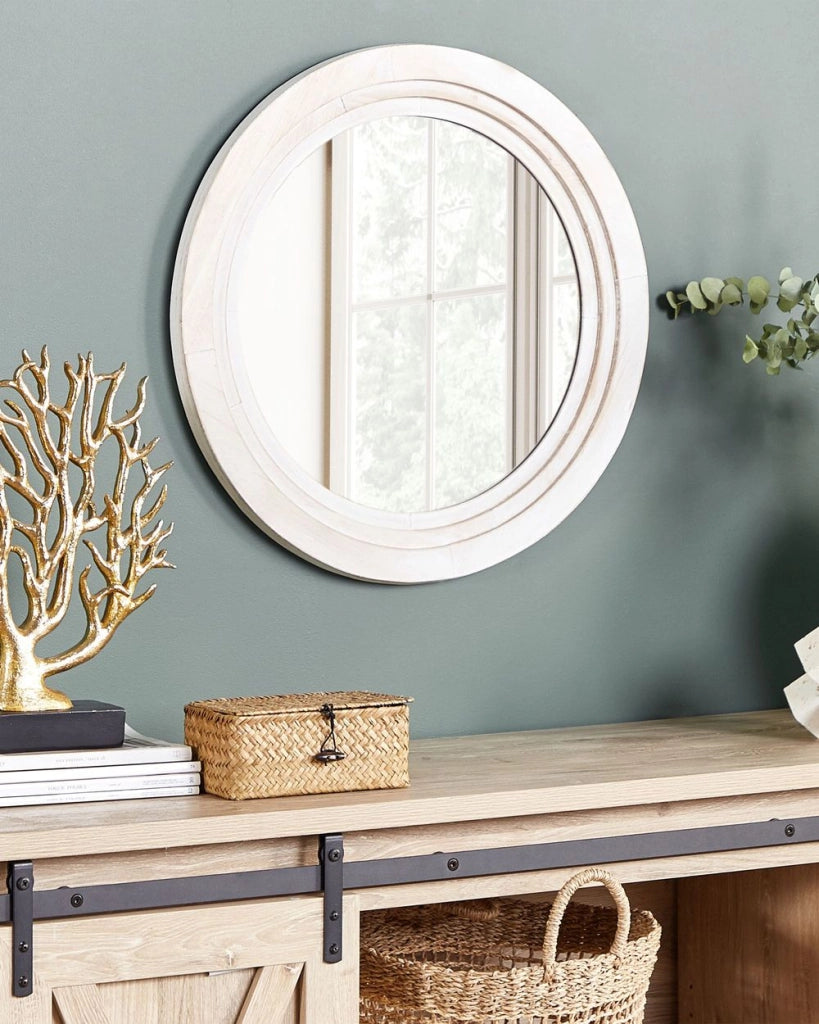 Specchio da parete MDF bianco sporco ø 60 cm Rotondo Decorativo Fatto a mano Pezzo d'arredo Stile scandinavo
