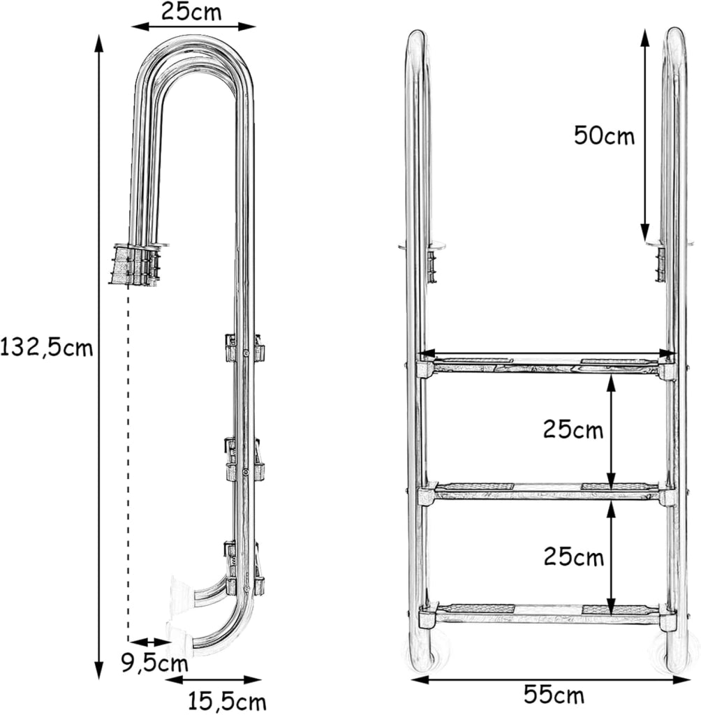 Scaletta di 3 Gradini per Piscina, Scaletta Piscina in Acciaio Inox, con Pedane Antiscivolo, 55 x 25 x 132,5 cm, Capacità di Carico 150 kg
