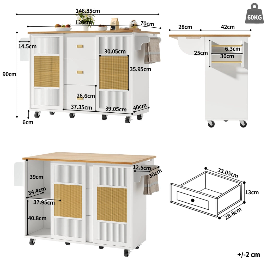 Isola cucina 146.85x70x90 cm con piano ribaltabile e ruote in MDF e metallo bianco