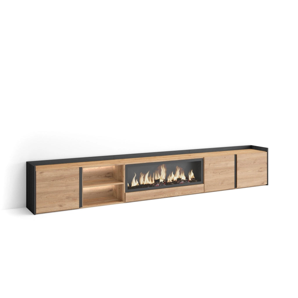 Mobile TV Soggiorno, 315x50x35 cm, Per TV fino a 80", Camino elettrico XXL, LED, Rovere e nero
