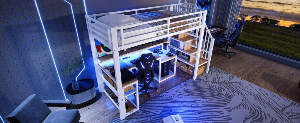 DESMIU Letto a soppalco 1 piazza con scrivania, USB, LED regolabile e scaffali 90 × 200 cm, senza materasso, bianco