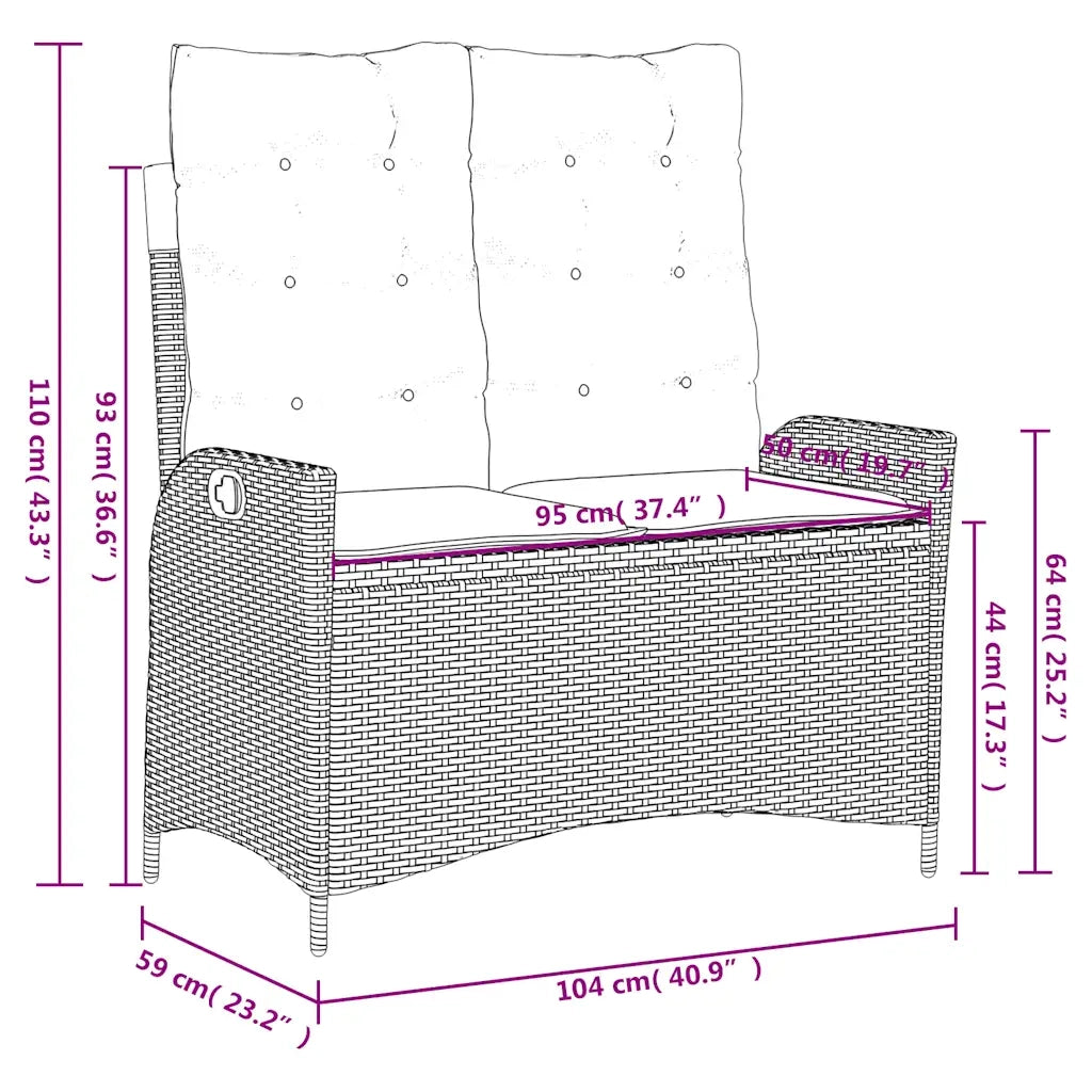 Panca Reclinabile da Giardino con Cuscini-Sgabello-Sedia da esterno Nera in Polyrattan 458888