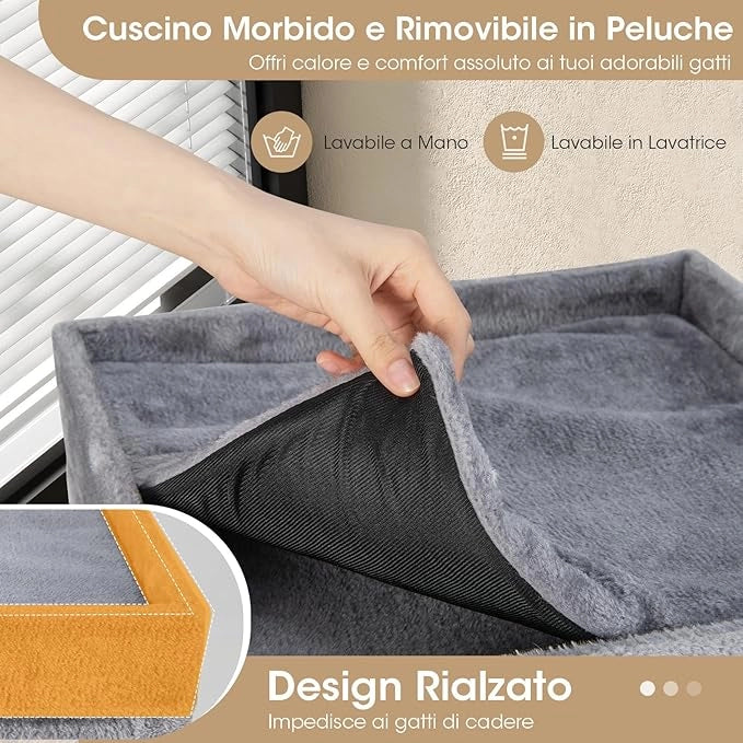 Casa per Gatti a 4 Piani, Condominio per Gatti Alto 99 cm con Trespoli per Graffiare, 3 Nascondigli e 4 Morbidi Cuscini in Peluche, Mobili per Gatti Moderni a Forma di Barile