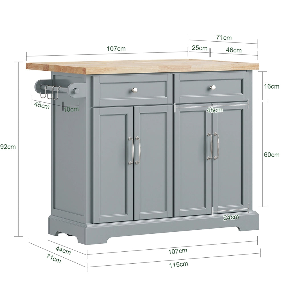 SoBuy | Isola cucina grigia con 4 ruote girevoli | Carrello per cucina con 4 ante e 2 cassetti | Penisola da cucina in MDF verniciato | 107×71×92 cm | Capacità di carico 98 kg | FKW71-III-HG