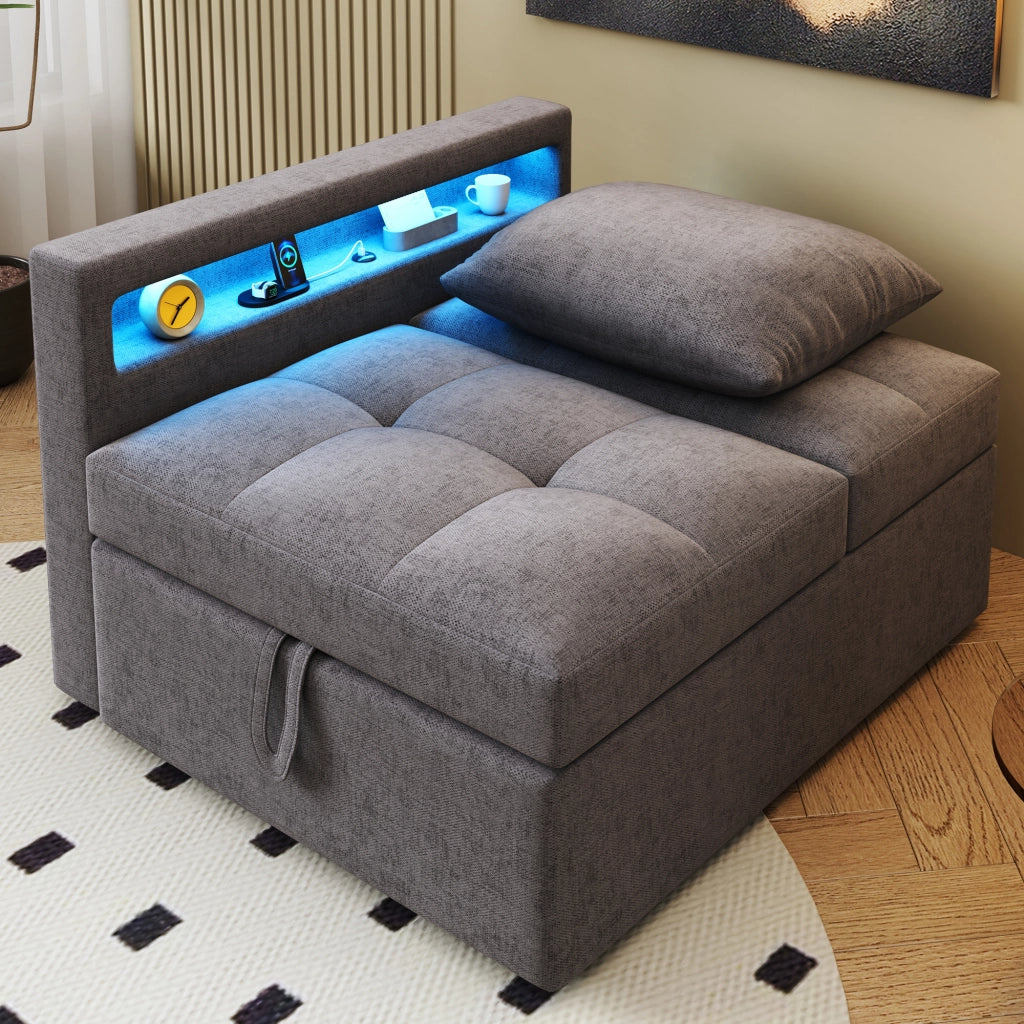 Divano letto 3 in 1 con schienale reclinabile, luci LED e porte USB/Type-C, grigio scuro