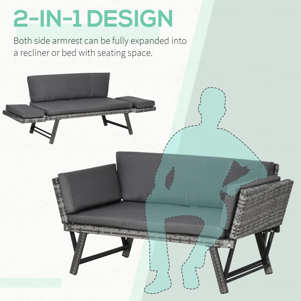 Divano da Giardino 2 Posti con Imbottitura e Braccioli Ribaltabili 129x63x67 cm in Rattan Grigio