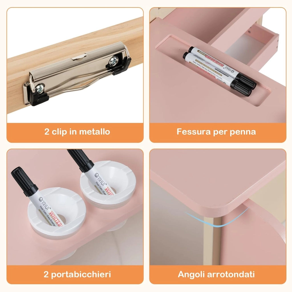 Set 3 in 1 Tavolo e Sedie per Bambini 3+ Anni, Tavolo in Legno Sicuro con Lavagna Cancellabile, Magnetica, Cavalletto Regolabile, Libreria e Accessori Artistici, per Disegno (Rosa)