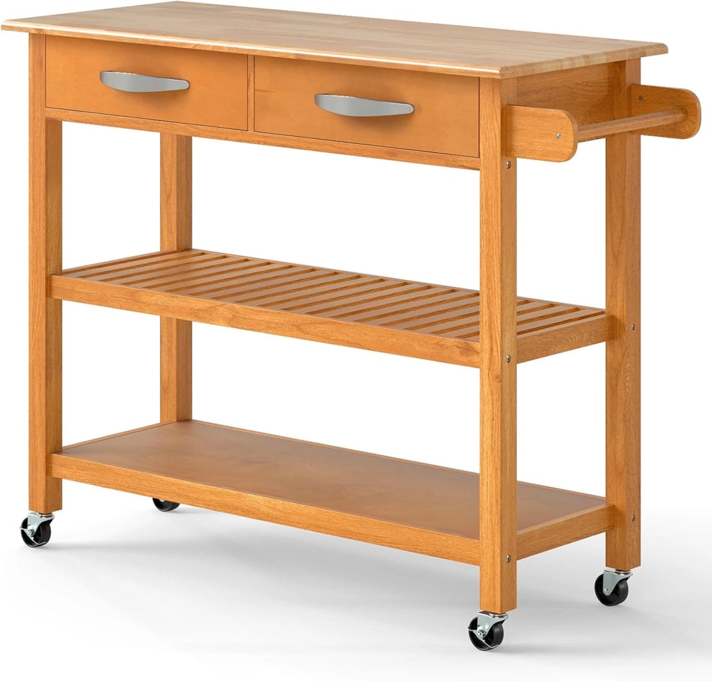 Carrello da cucina con ruote, mobile ausiliario da cucina a 3 livelli con piano di lavoro in legno di gomma, 2 cassetti e 2 ripiani, isola di stoccaggio mobile, sala da pranzo, bar, 116 x 43 x