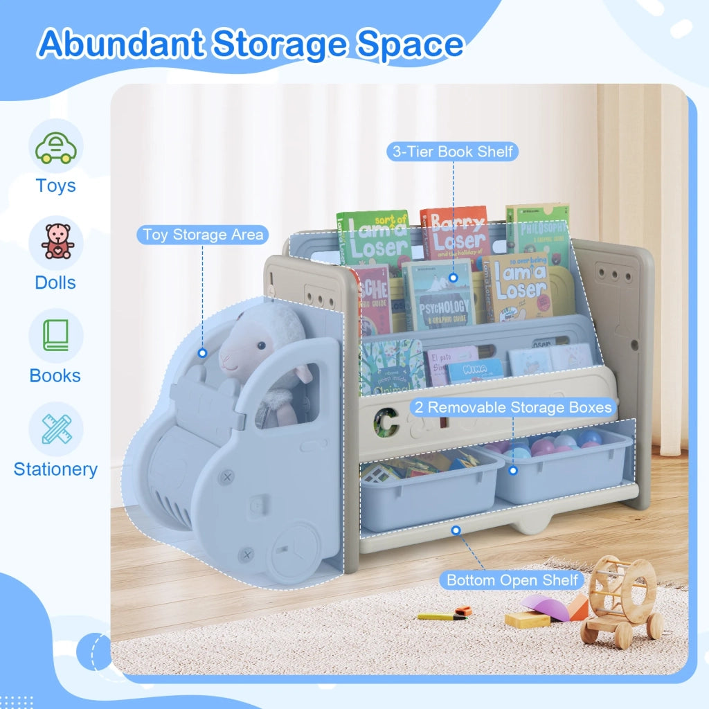 Mobile Portagiochi e Libreria per Bambini a Forma di Auto con 2 Scatole e 3 Ripiani Facile da Montare Altezza 63,5 cm