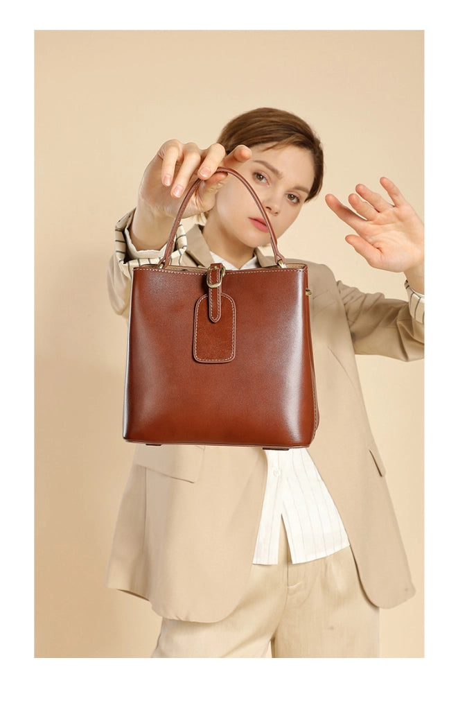 Borsa tote da donna in vera pelle, morbida, marrone