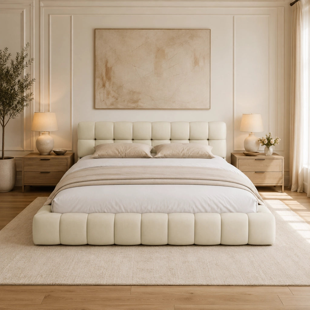 Letto matrimoniale imbottito lino beige 140x200 cm, testiera morbida a pannelli, struttura robusta, design moderno per camera da letto