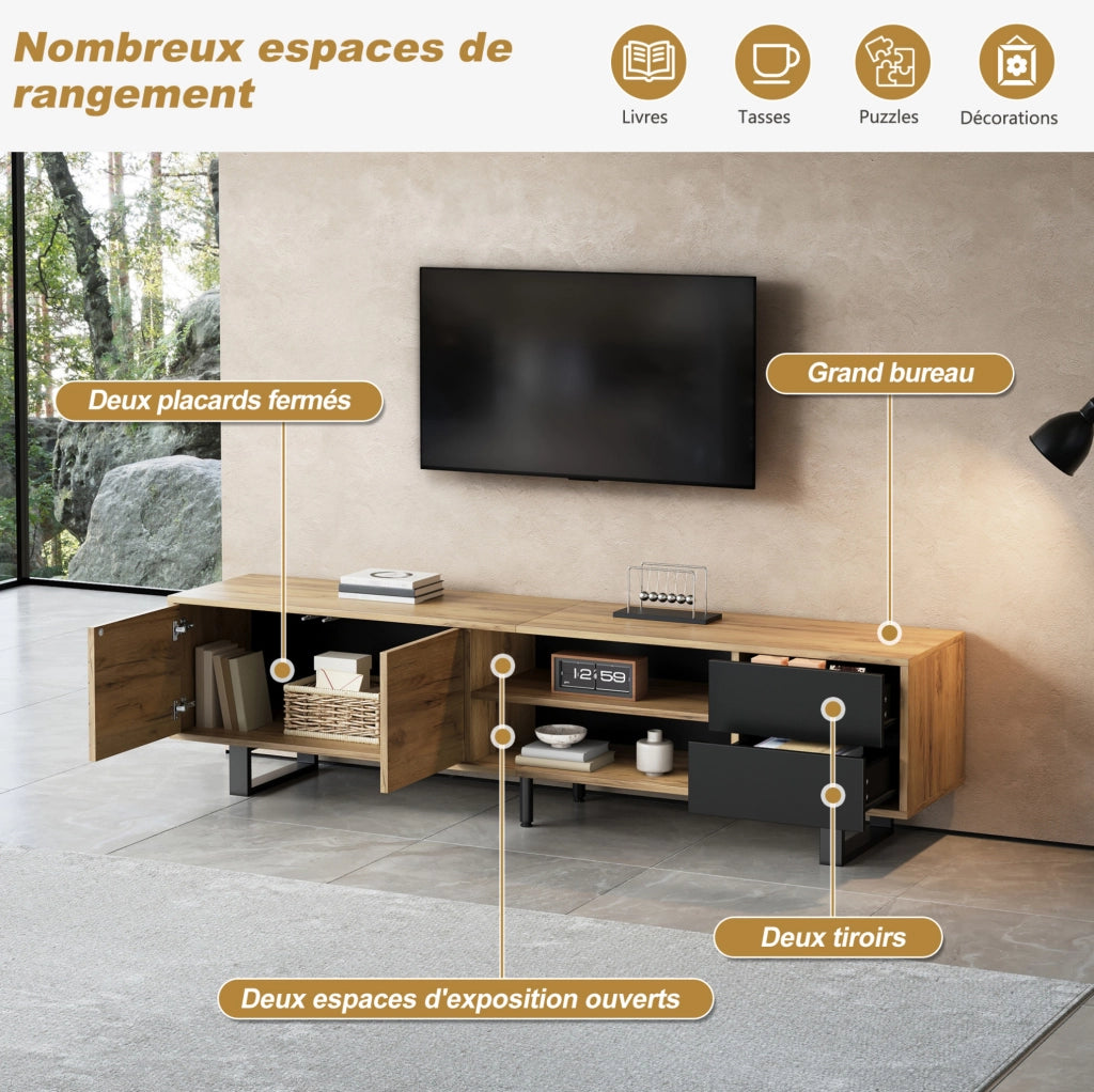 Mobile TV moderno 180x40x50 cm in truciolare effetto legno naturale e nero; per TV fino a 75 pollici