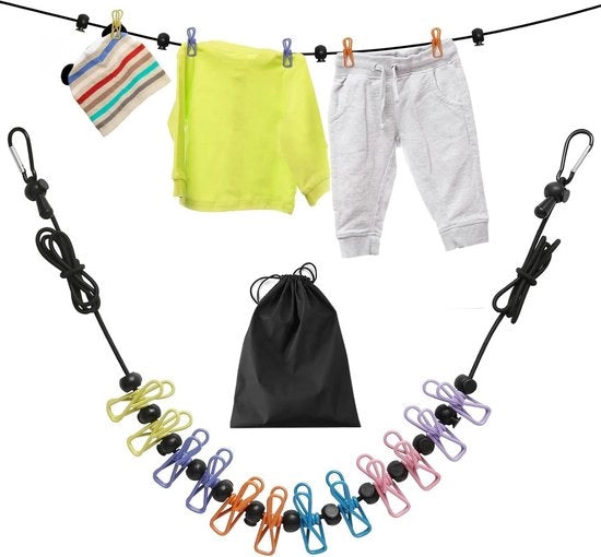 Elastica da viaggiare per linee di stiro con 12 ganci per abbigliamento per uso interno ed esterno - Ideale per la campagna o il balcone