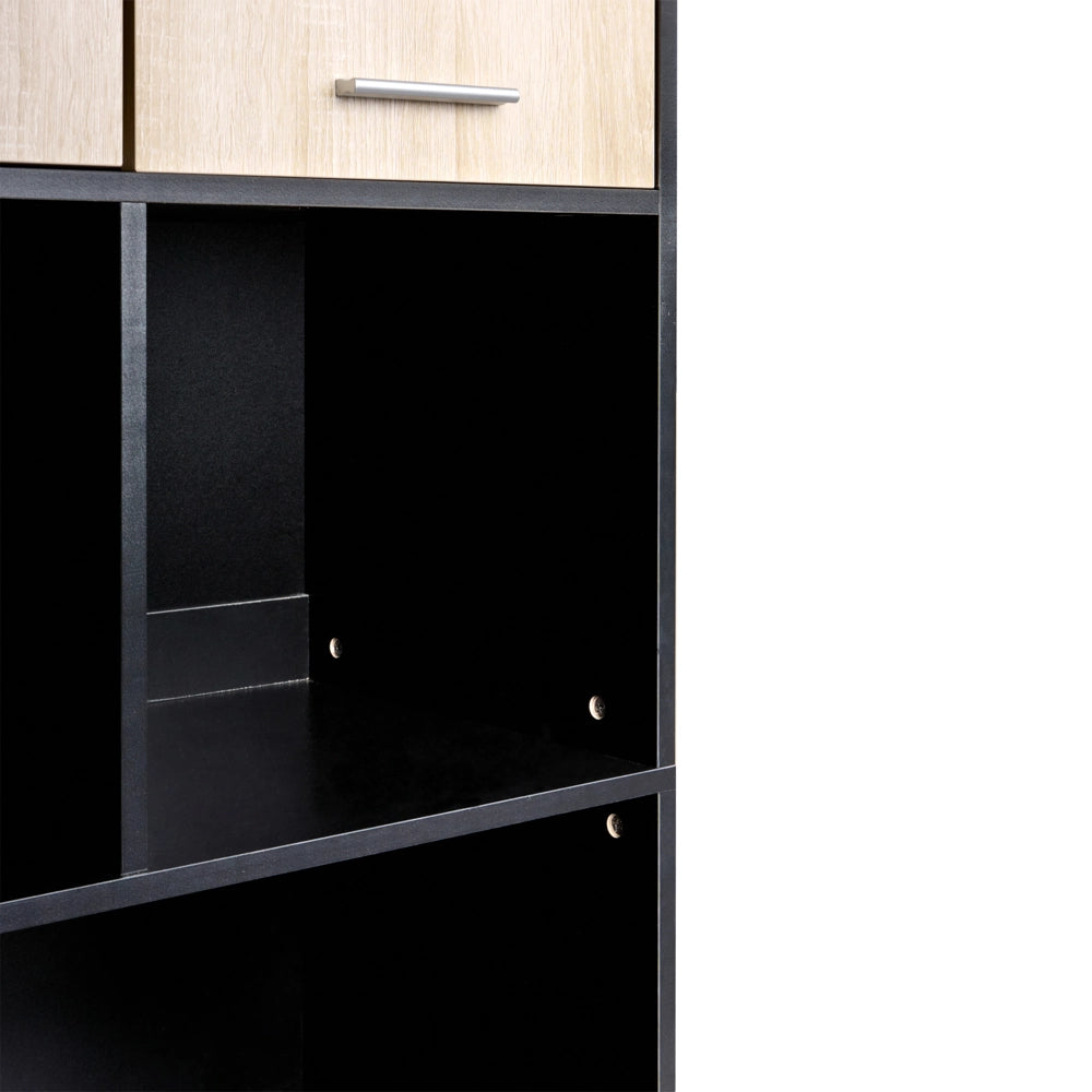 Libreria a 4 ante Marrone e nero Pannelli di particelle di legno Mobili da ufficio minimalisti Ripiani aperti e chiusi