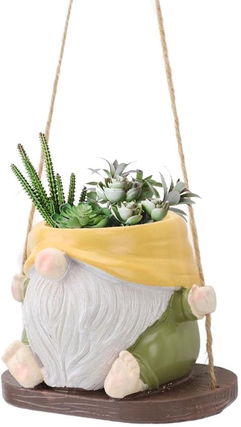 Pianta pendente con facciasconosciuta nano, vaso di fiori pendente, vaso di fiori per balcone, realizzato in resina con facciasconosciuta figura di nano carina, vaso di fiori pendente (giallo)