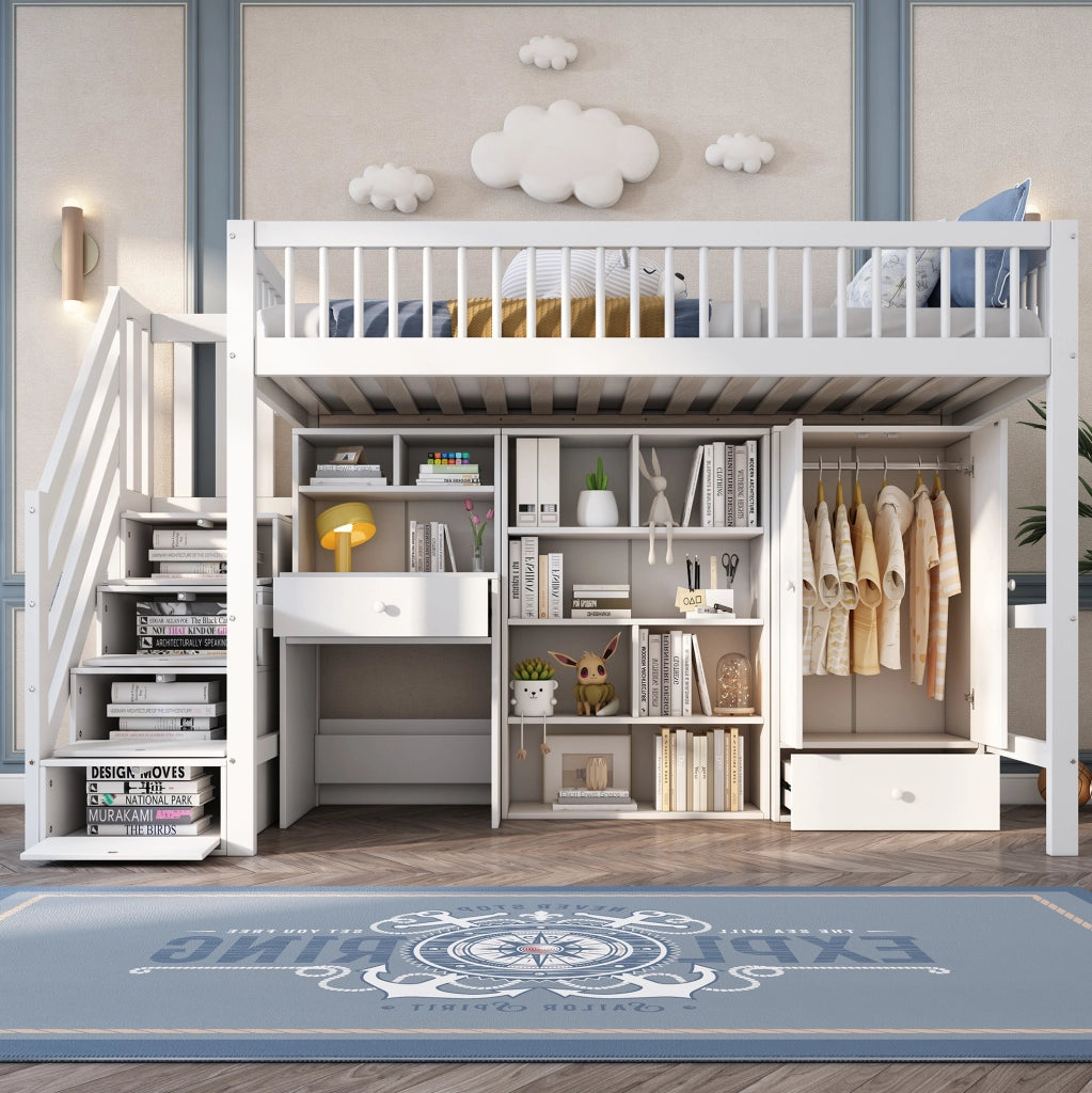 Letto a soppalco ULEVR 90x200 cm con scrivania, scala contenitore e armadio, bianco
