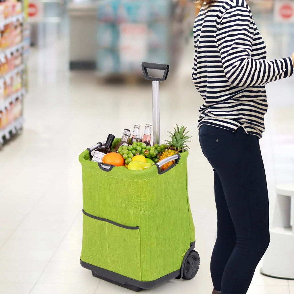 Carrello Spesa Pieghevole in Alluminio, Trolley Spesa con Ruote, Tasche Multiple e Manico Telescopico Regolabile, Capacità 50L, Caricabile fino a 35 kg (Verde)