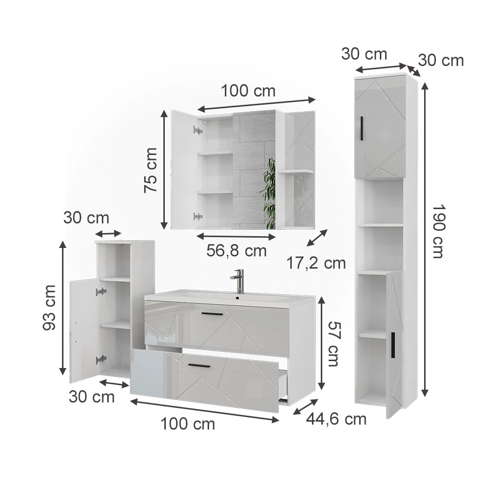 Vicco Set di mobili da bagno Bianco/bianco lucido 5 parti