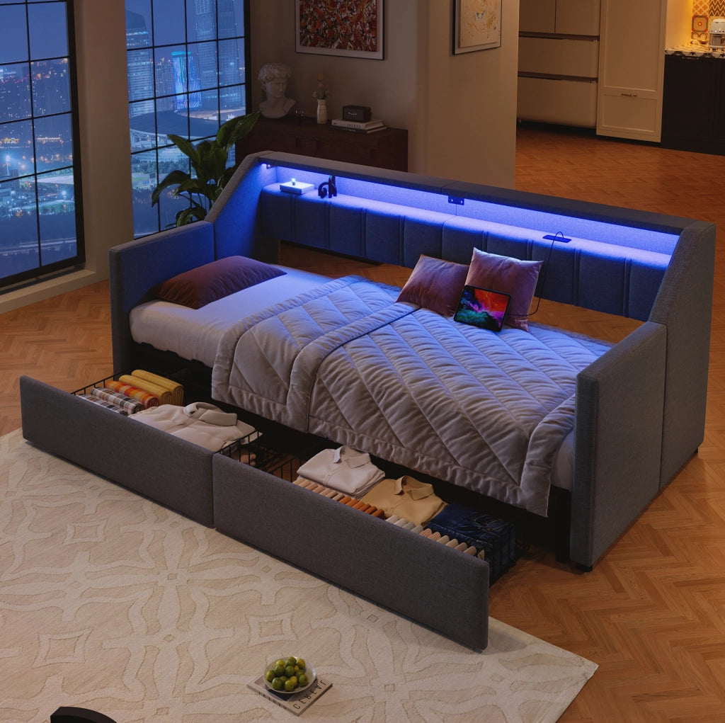 Letto multifunzionale 90x200 cm con USB, Type-C, LED e 2 cassetti