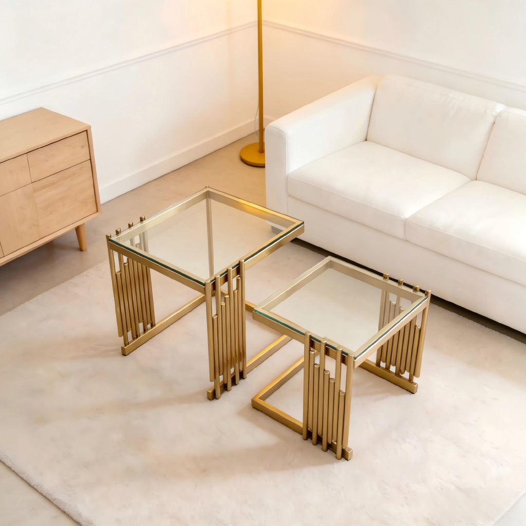 TAVOLINO Set da 2 pezzi quadrato 41 x 41 x 46 cm vetro temperato trasparente oro