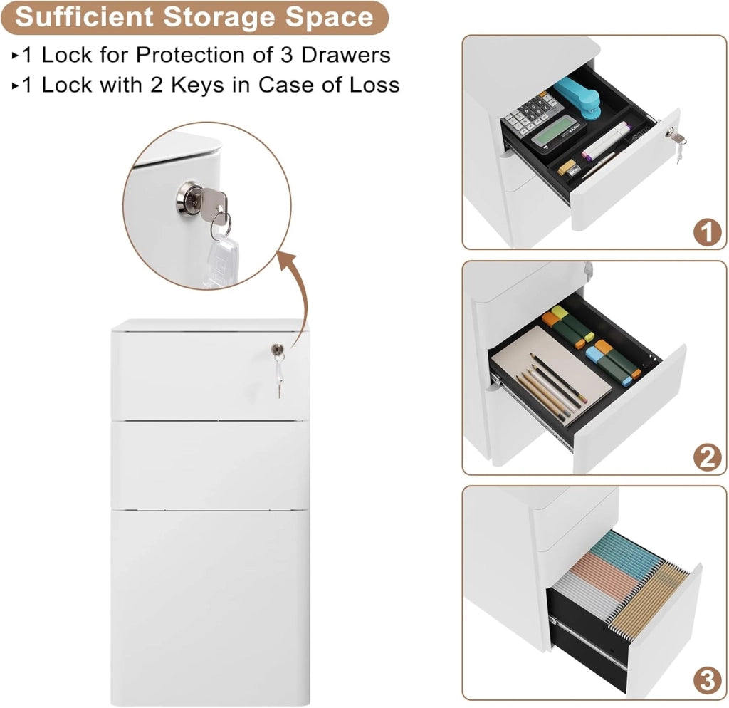 Cassettiera a 3 Cassetti, Schedario da Ufficio in Metallo, Organizer per Documenti con 5 Ruote, Cassettiera con Chiave, per Formato A4 Letter Legal in Studio, 30x45x60cm, Bianco, ASK10ws