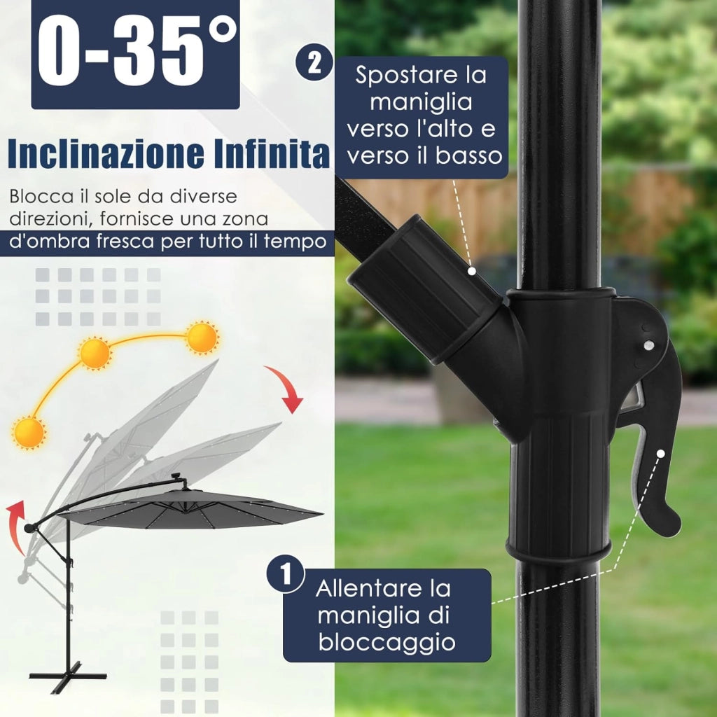 Ombrellone da Giardino 300 cm, 40 Luci LED Solari, Anti-UV, Inclinazione Regolabile, Manovella, 8 Stecche per Esterno Piscina Patio (Grigio)