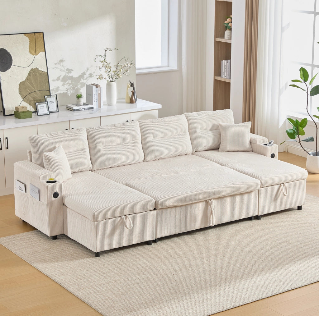 Divano 4 posti con due chaise longue; contenitore; portabicchieri e USB-C; 272x136x86 cm; beige
