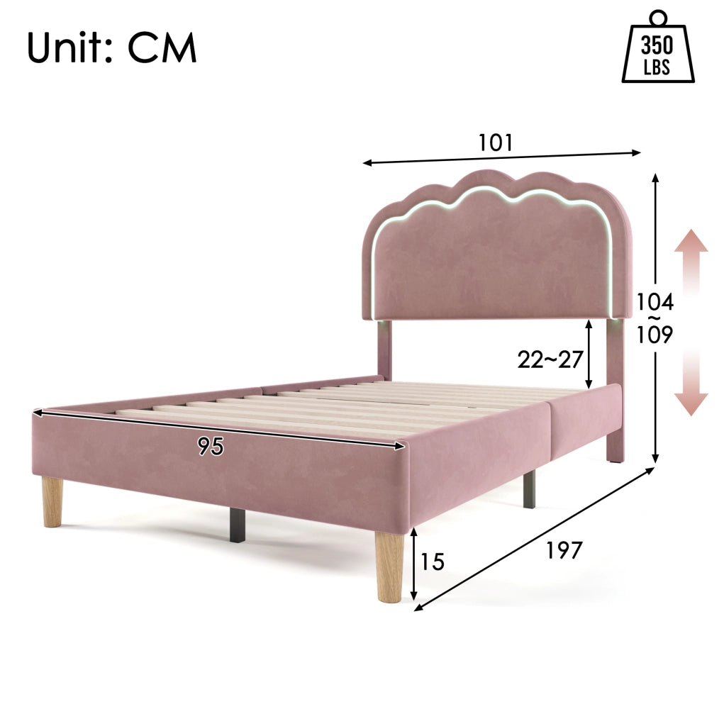 Letto singolo ULEVR 90x190 cm in velluto rosa con testiera regolabile e LED multicolore