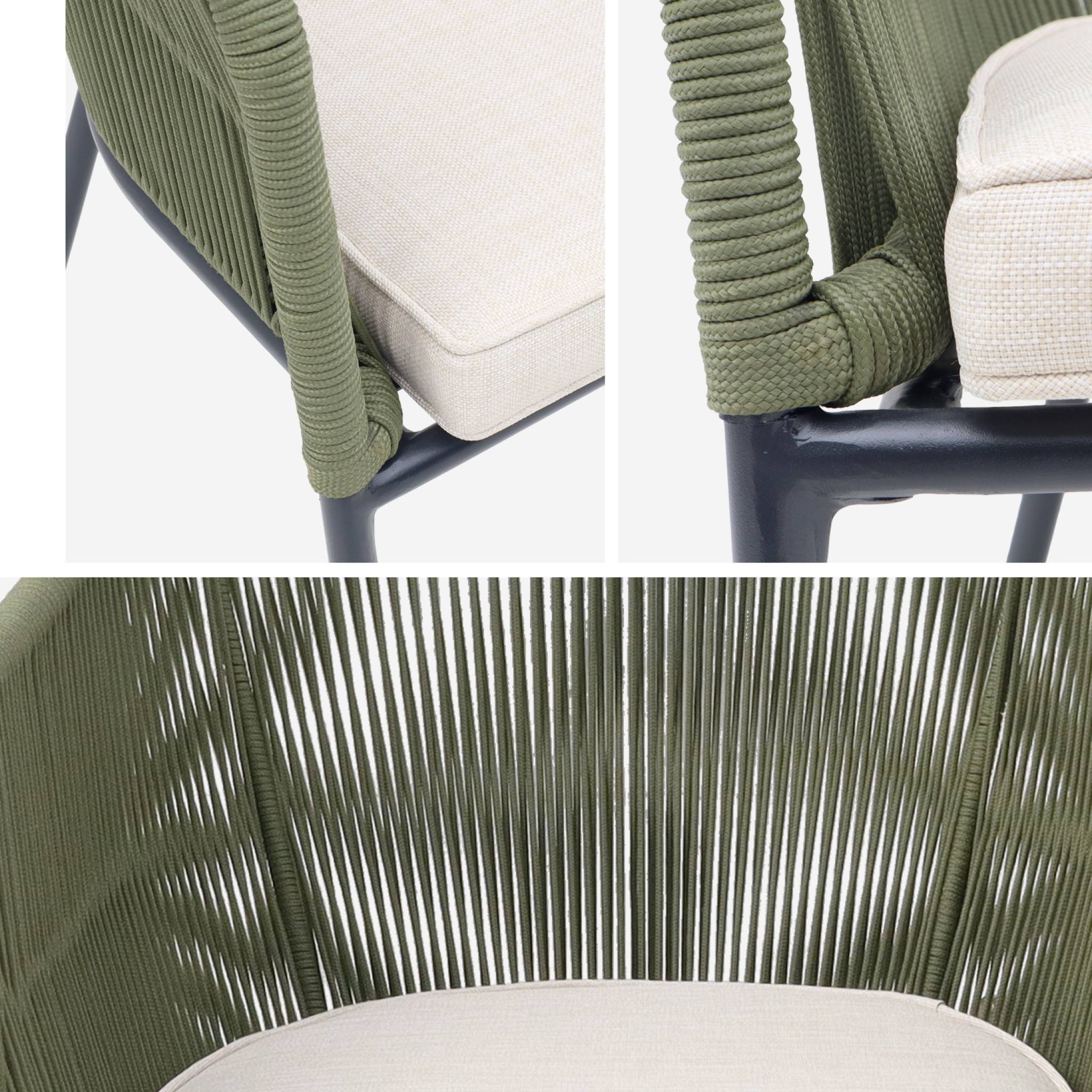 Set di 4 poltrona da giardino in corda e acciaio zincato, verde kaki