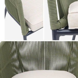 Set di 4 poltrona da giardino in corda e acciaio zincato, verde kaki