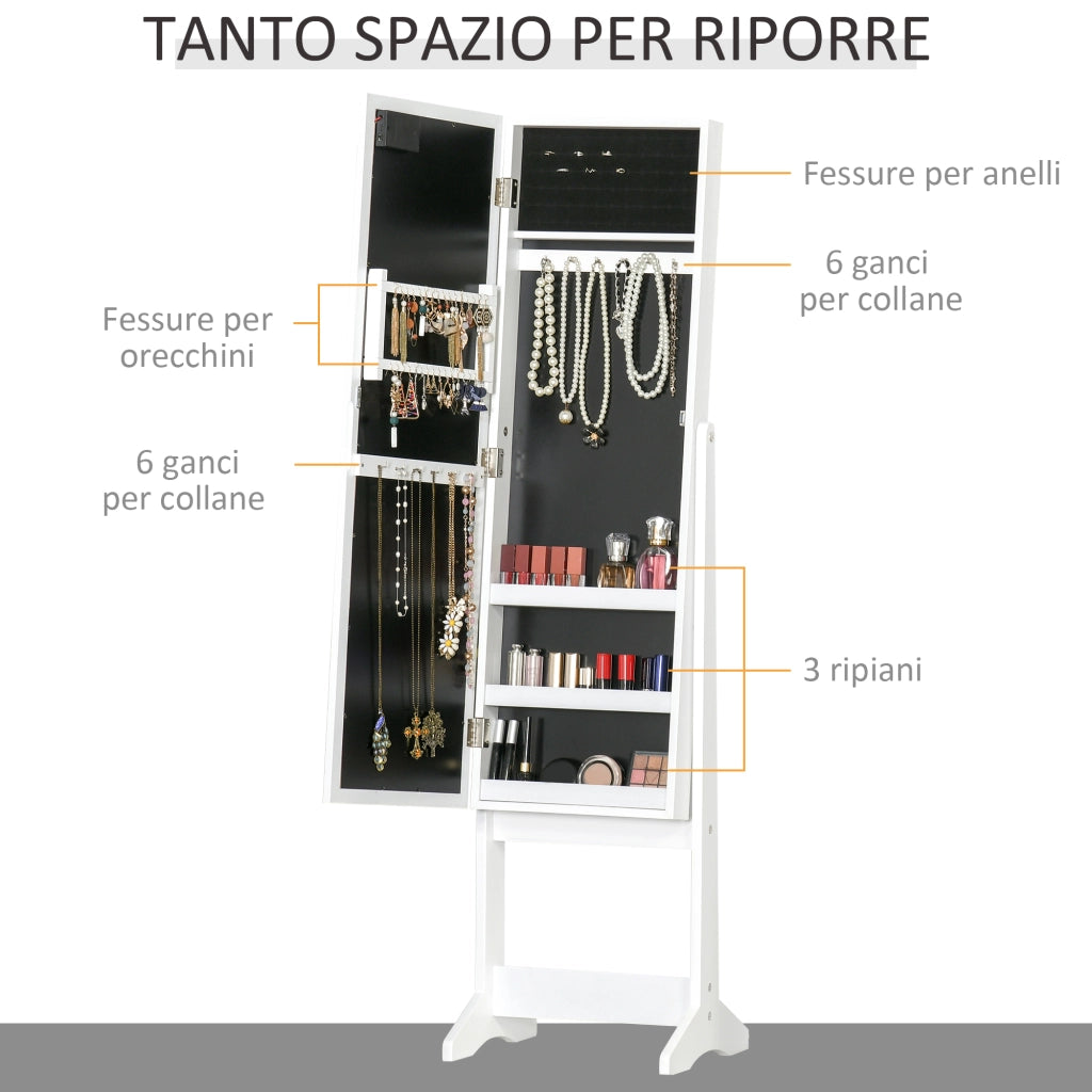Armadietto Portagioie con Specchio Regolabile e Luci LED Bianco Caldo, 36x30x136 cm