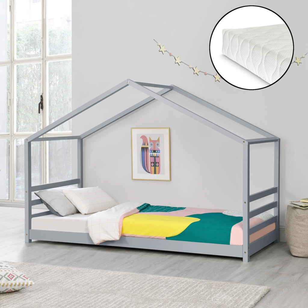 Letto per Bambino a Forma di Casetta con Materasso Ipoallergenico a Schiuma Fredda 90 x 200 cm Letto di Design Struttura in Legno di Pino - Grigio