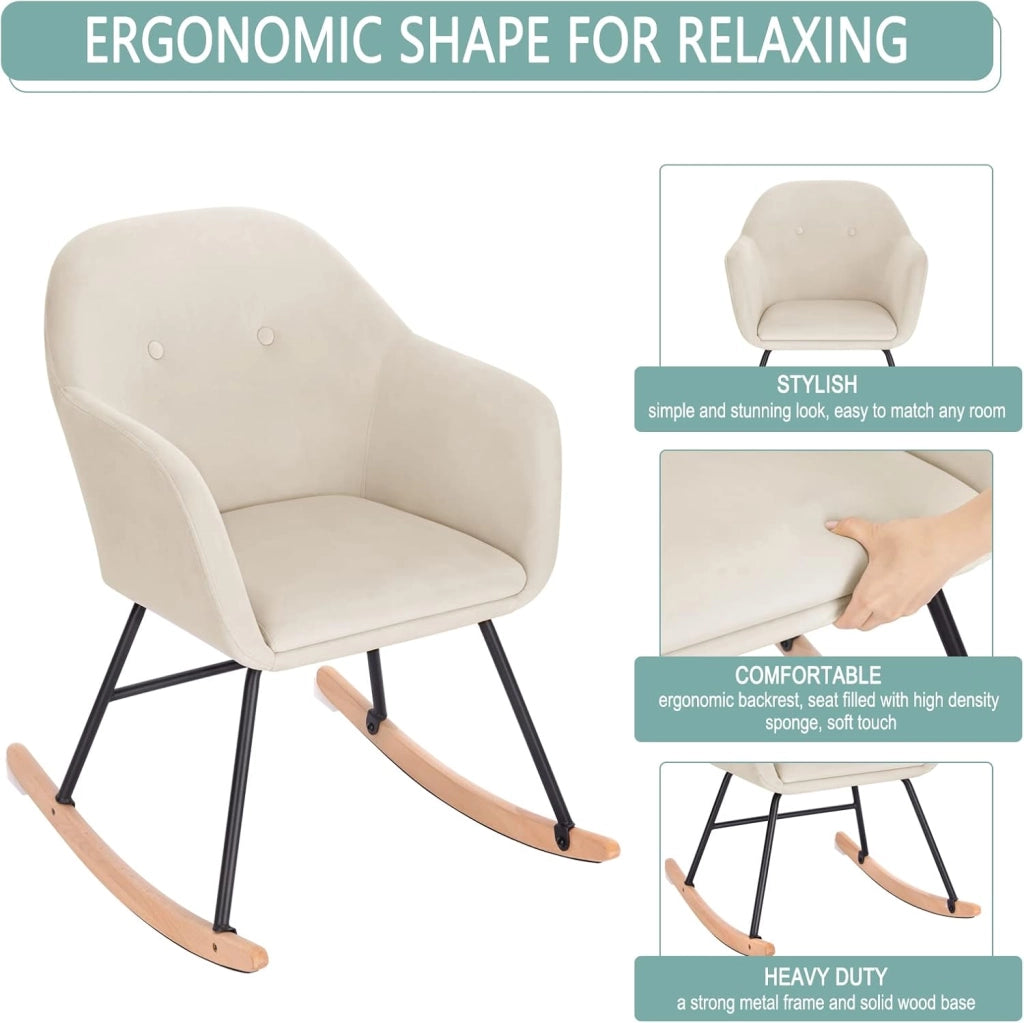 Sedia a Dondolo per Soggiorno Poltrona Relax con Schienale Braccioli Fodera in Velluto Crema SKS16cm