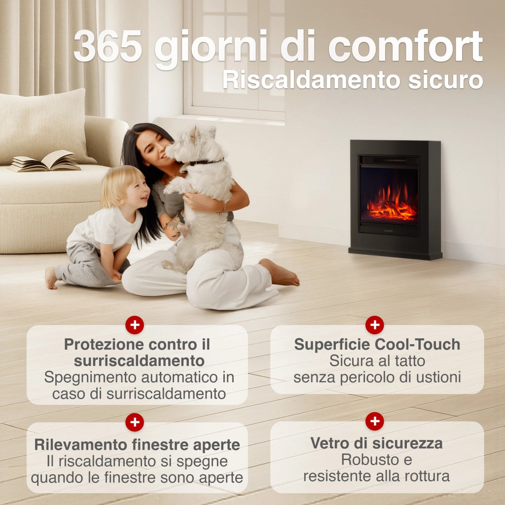 KAMINIO Camino elettrico KALLE - Caminetto elettrico a pavimento con riscaldamento, effetto fiamma 3D, telecomando - Nero