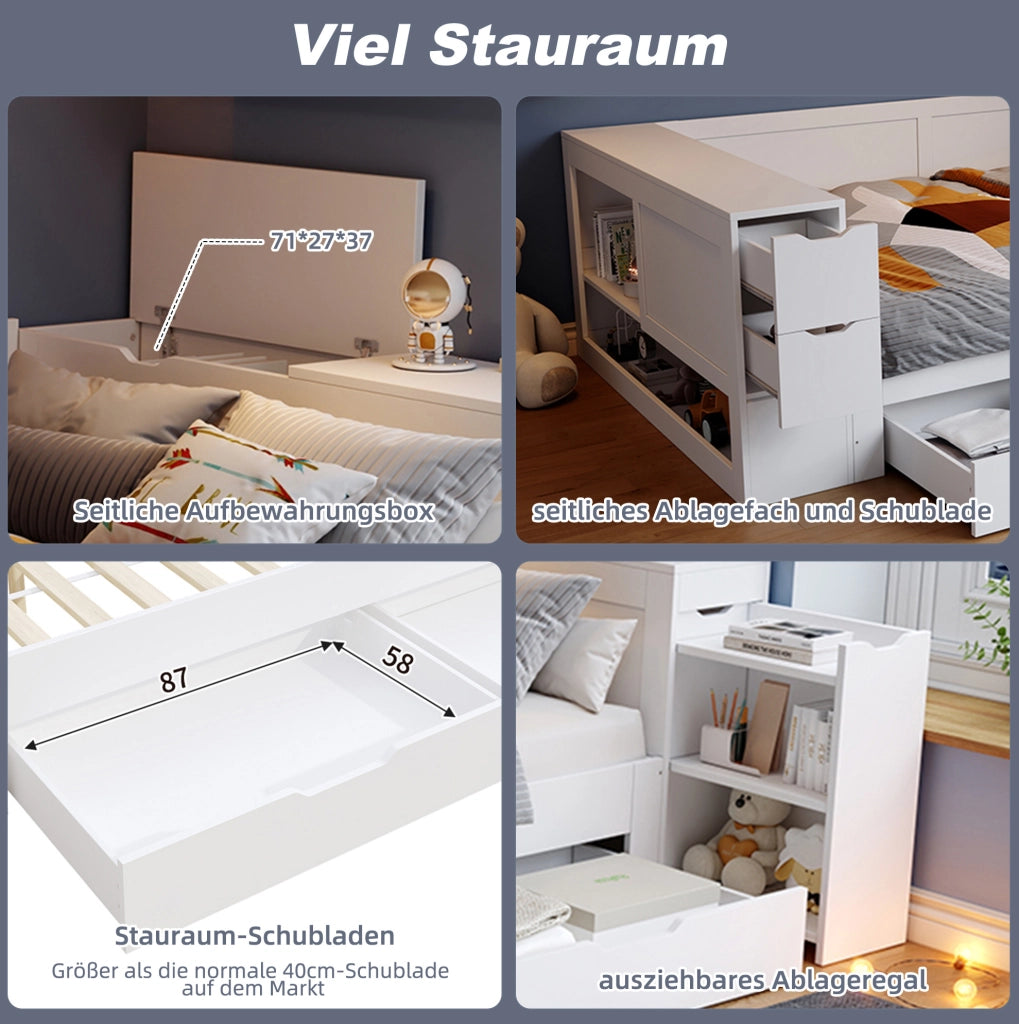 Letto multifunzione 140x200 cm con contenitore; cassetto e comodino estraibile; bianco in MDF