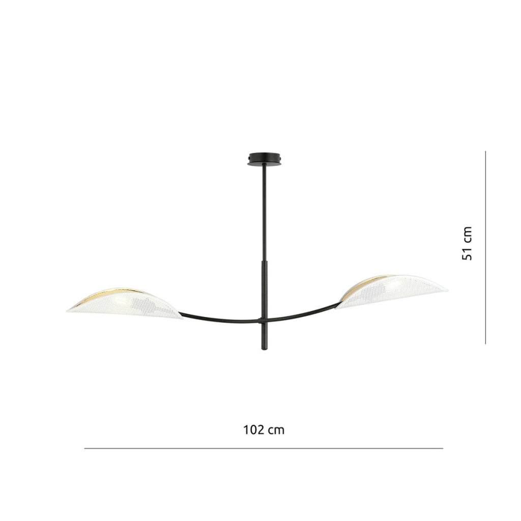 Lampada a sospensione Lotus in acciaio nero con paralumi bianco e oro