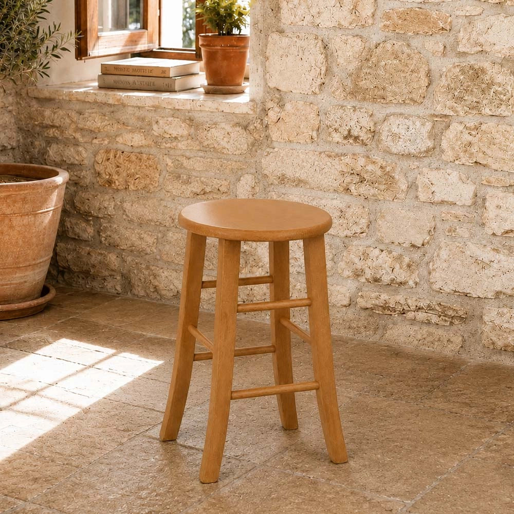 Sgabello h 47 cm in legno noce chiaro con seduta rotonda e gambe curve