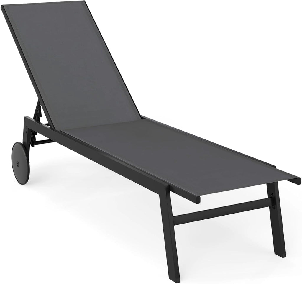 Lettino Prendisole da Giardino, Sdraio da Patio con Schienale Regolabile a 6 Posizioni, Tessuto Traspirante, 2 Ruote, per Piscina, Terrazza e Giardino, Portata 150 kg (Grigio,1)