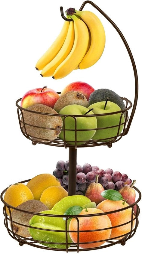 Fruitiera a doppio piano con contenitore per banane - ciotola per frutta rimovibile in metallo - ciotole per frutta in piedi - vasi decorativi per frutta - frutta e verdura - bronzo