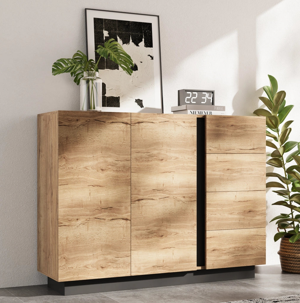 Credenza 4 cassetti 2 ante nera e legno naturale con apertura a pressione per casa ordinata