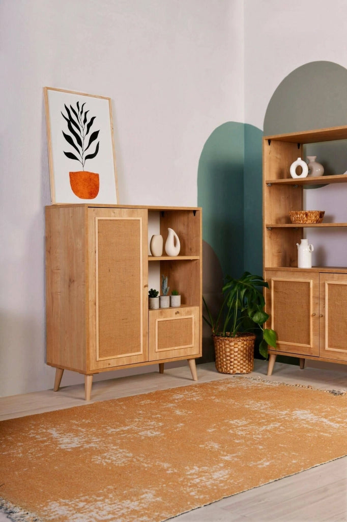 Credenza Jingu, Buffet da soggiorno, Madia da salotto, Dispensa da cucina, 90x40h110 cm, Quercia