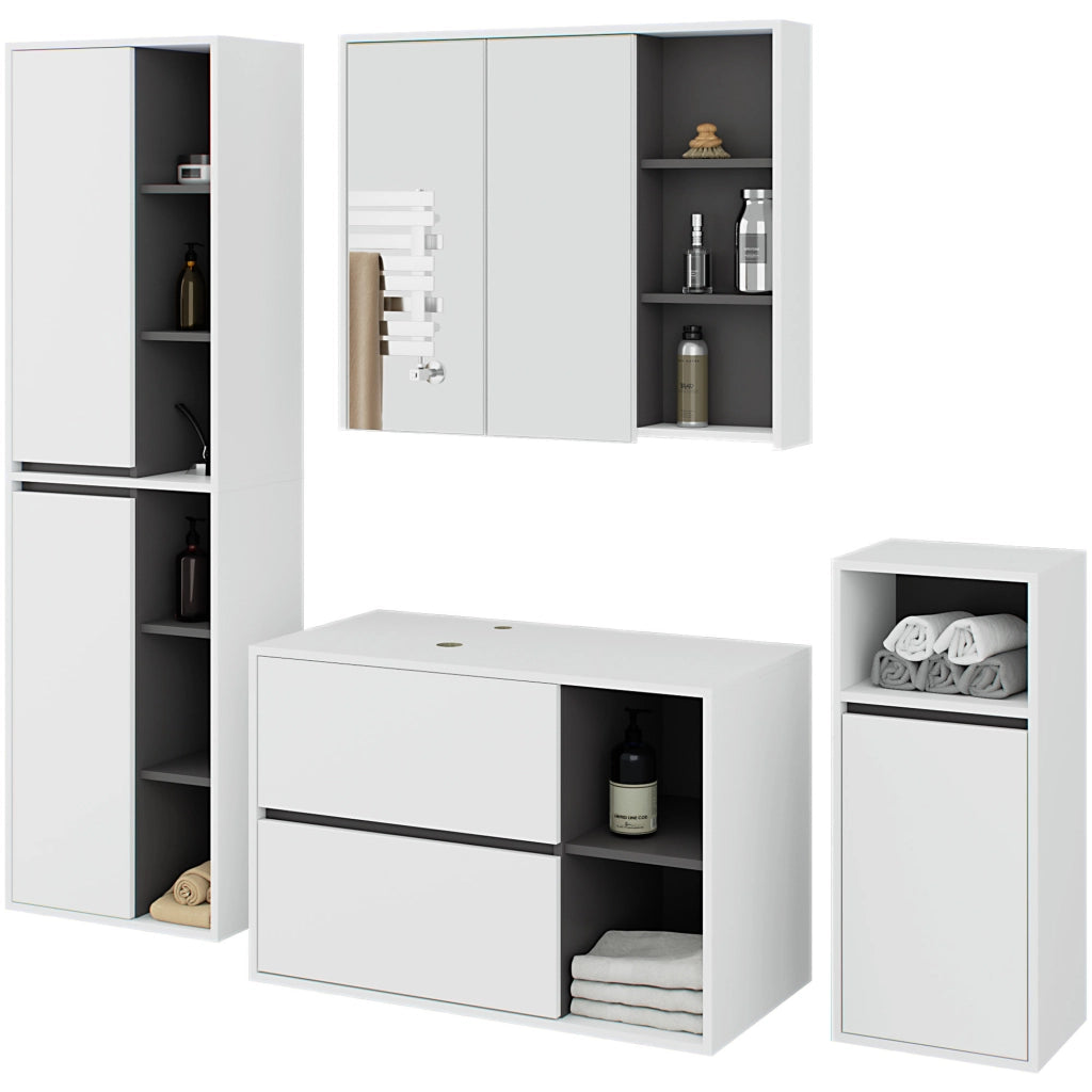 Set di mobili da bagno sospesi VAMI in Bianco con interno Grigio Grafite con fori per lavabo da appoggio
