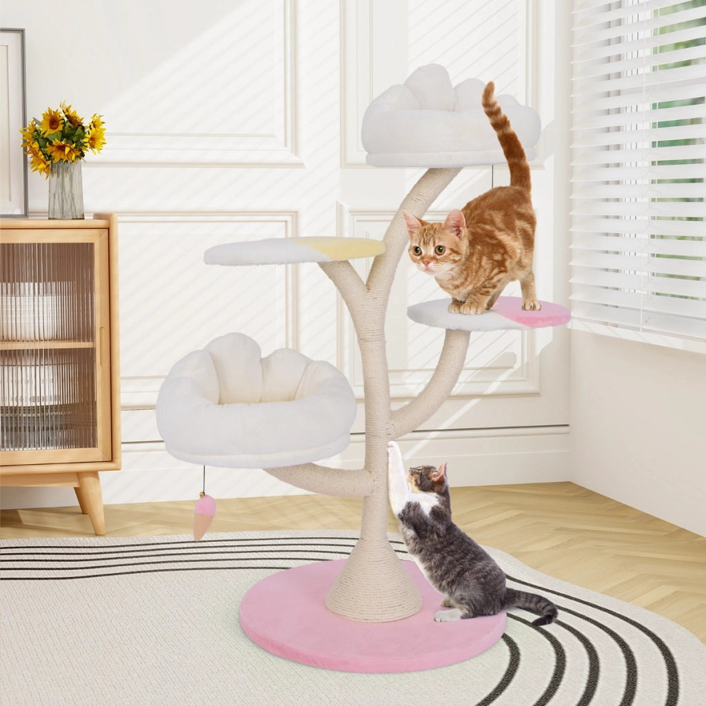 Albero per gatti con 2 piattaforme palline pendenti e tiragraffi in sisal, Centro attivit¨¤ per animali domestici Rosa-Alberi Tiragraffi