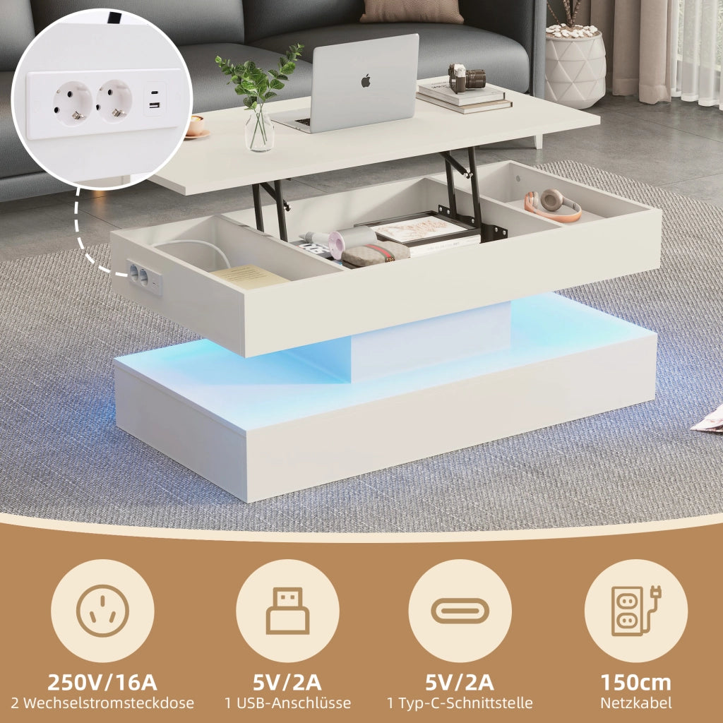 Tavolino basso sollevabile con LED e vano contenitore in pannello truciolare bianco con prese EU 100 × 50 × 42 cm