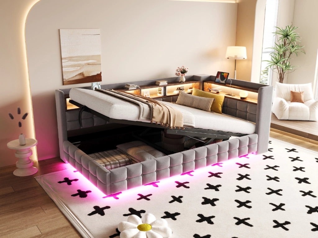 DESMIU Letto imbottito 90 × 200 cm 1 posto con vano contenitore idraulico, ripiani, LED, USB e Type-C, senza materasso, grigio chiaro