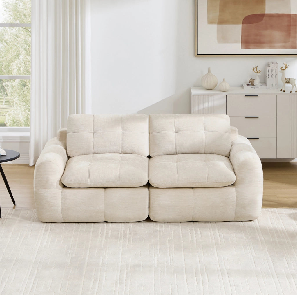 Divano modulare 2 posti in chenille beige; seduta profonda 194x97x68 cm; senza montaggio