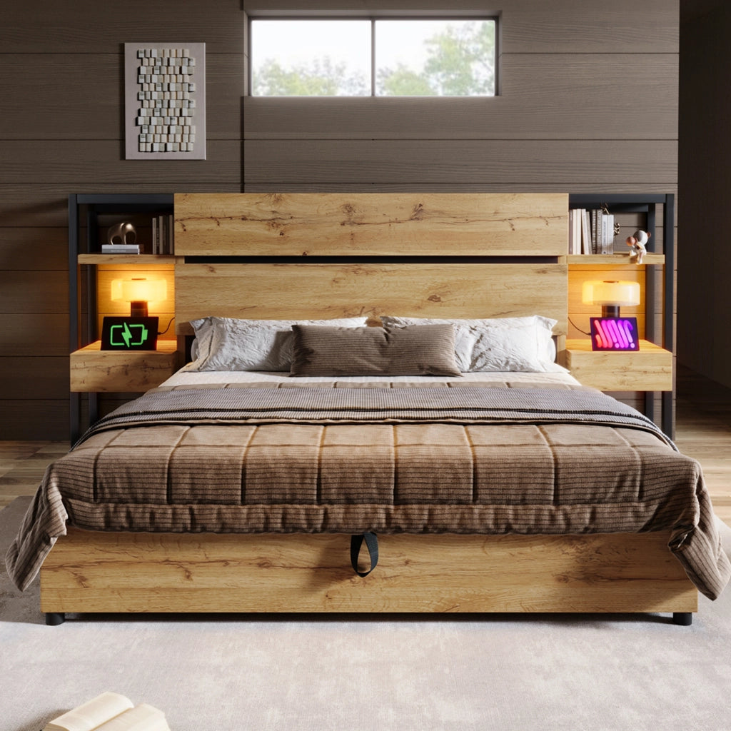 Letto matrimoniale 180x200 cm con contenitore e USB Type-C; struttura in MDF e metallo; rovere
